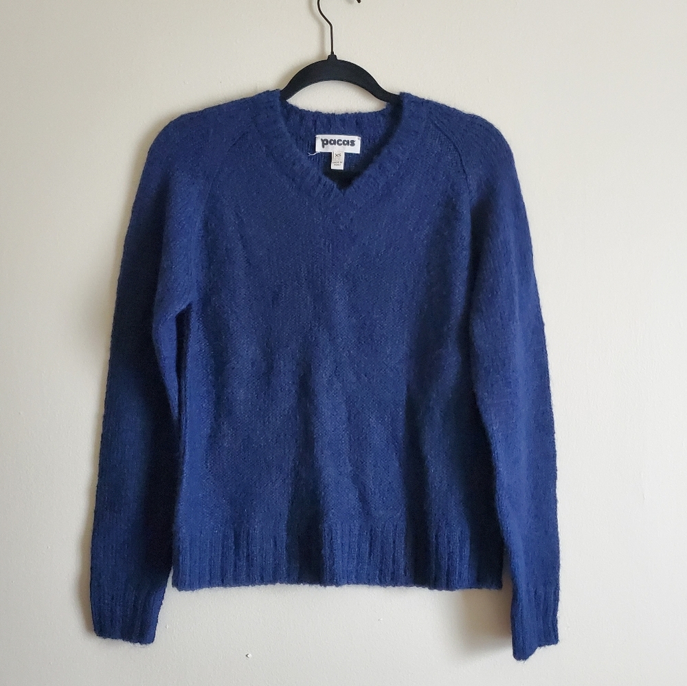 Pacas Women's V-Neck Alpaca Sweater Dark Blue Navy Knit Size XS